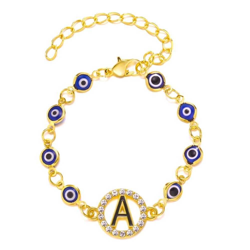 New, Turkish Lucky Evil Eye 🧿 Bracelet Gold Bangle Rhinestone Letter A - R - Picture 4 of 4